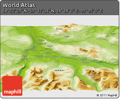 Physical 3D Map of the Area around 69° 2' 31" N, 18° 46' 29" E
