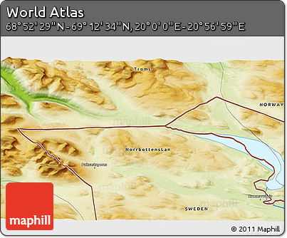 Physical 3D Map of the Area around 69° 2' 31" N, 20° 28' 30" E