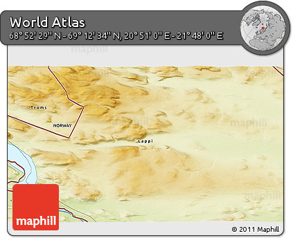 Physical 3D Map of the Area around 69° 2' 31" N, 21° 19' 30" E