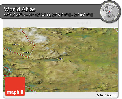 Satellite 3D Map of the Area around 69° 2' 31" N, 21° 19' 30" E