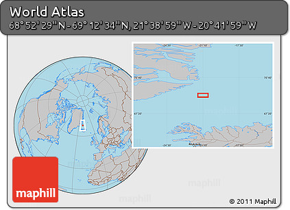 Gray Location Map of the Area around 69° 2' 31" N, 21° 10' 29" W
