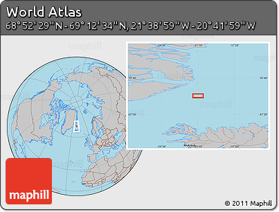 Gray Location Map of the Area around 69° 2' 31" N, 21° 10' 29" W