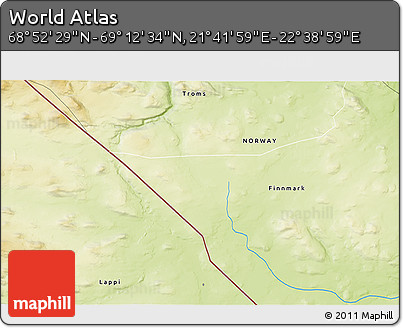 Physical 3D Map of the Area around 69° 2' 31" N, 22° 10' 29" E