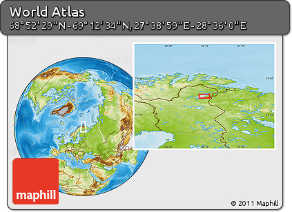 Physical Location Map of the Area around 69° 2' 31" N, 28° 7' 30" E