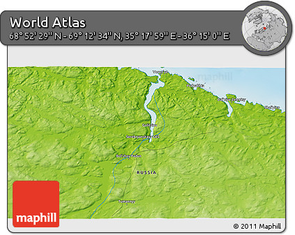 Physical 3D Map of the Area around 69° 2' 31" N, 35° 46' 29" E