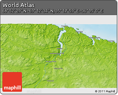 Physical 3D Map of the Area around 69° 2' 31" N, 35° 46' 29" E