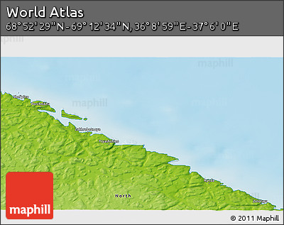 Physical 3D Map of the Area around 69° 2' 31" N, 36° 37' 30" E