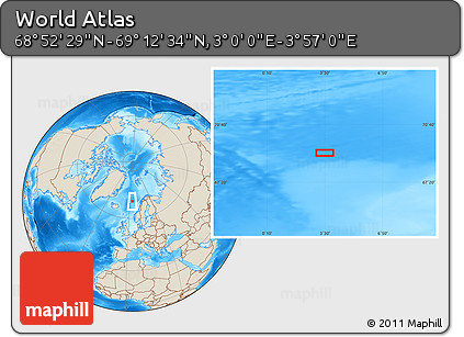 Shaded Relief Location Map of the Area around 69° 2' 31" N, 3° 28' 30" E