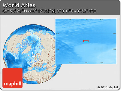 Shaded Relief Location Map of the Area around 69° 2' 31" N, 3° 28' 30" E