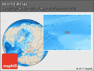 Shaded Relief Location Map of the Area around 69° 2' 31" N, 3° 28' 30" E