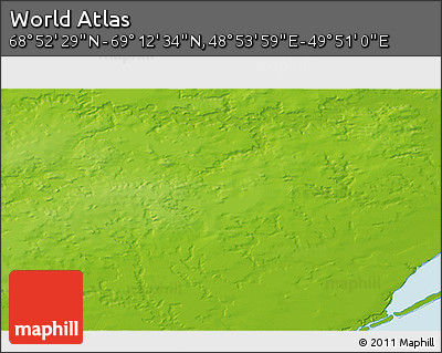 Physical 3D Map of the Area around 69° 2' 31" N, 49° 22' 30" E