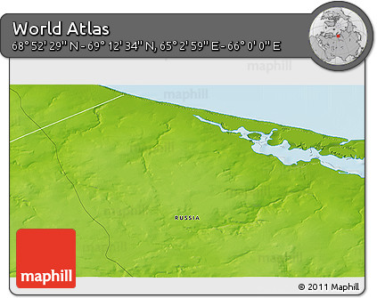 Physical 3D Map of the Area around 69° 2' 31" N, 65° 31' 30" E