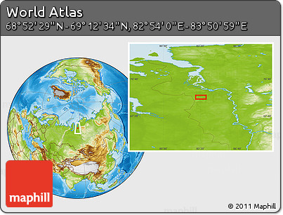 Physical Location Map of the Area around 69° 2' 31" N, 83° 22' 30" E