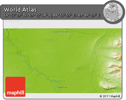 Physical 3D Map of the Area around 69° 2' 31" N, 89° 19' 29" E