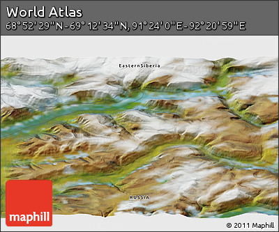 Satellite 3D Map of the Area around 69° 2' 31" N, 91° 52' 30" E