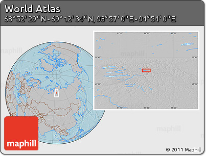 Gray Location Map of the Area around 69° 2' 31" N, 94° 25' 30" E, hill shading