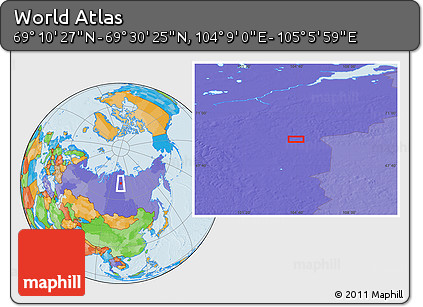 Political Location Map of the Area around 69° 20' 26" N, 104° 37' 30" E