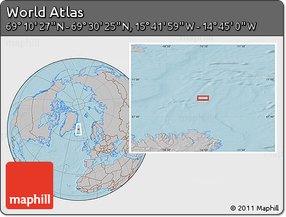 Gray Location Map of the Area around 69° 20' 26" N, 15° 13' 29" W, hill shading