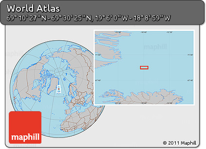 Gray Location Map of the Area around 69° 20' 26" N, 18° 37' 30" W