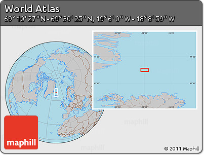 Gray Location Map of the Area around 69° 20' 26" N, 18° 37' 30" W