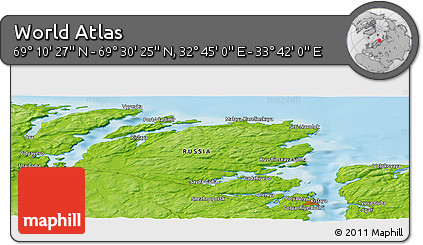 Physical Panoramic Map of the Area around 69° 20' 26" N, 33° 13' 30" E