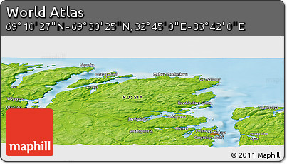 Physical Panoramic Map of the Area around 69° 20' 26" N, 33° 13' 30" E