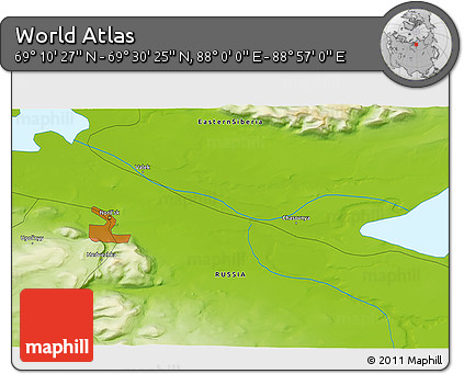 Physical 3D Map of the Area around 69° 20' 26" N, 88° 28' 29" E