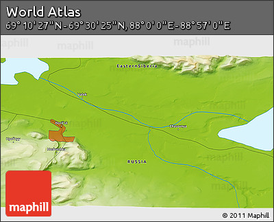 Physical 3D Map of the Area around 69° 20' 26" N, 88° 28' 29" E