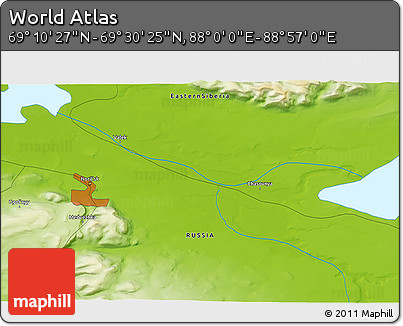 Physical 3D Map of the Area around 69° 20' 26" N, 88° 28' 29" E