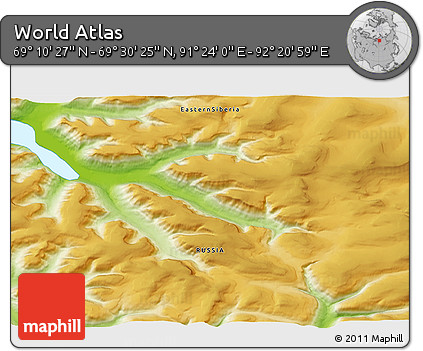 Physical 3D Map of the Area around 69° 20' 26" N, 91° 52' 30" E