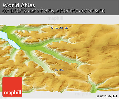 Physical 3D Map of the Area around 69° 20' 26" N, 91° 52' 30" E