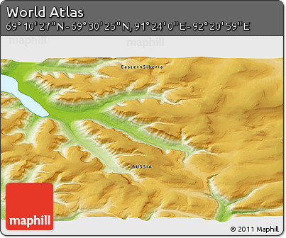 Physical 3D Map of the Area around 69° 20' 26" N, 91° 52' 30" E