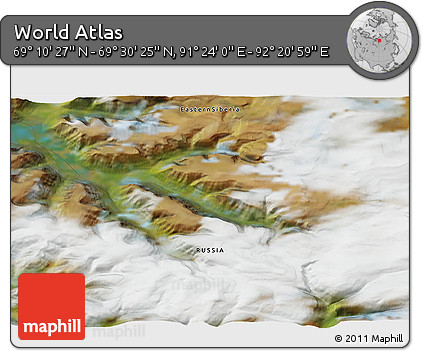Satellite 3D Map of the Area around 69° 20' 26" N, 91° 52' 30" E