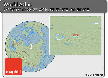 Savanna Style Location Map of the Area around 69° 20' 26" N, 94° 25' 30" E, hill shading