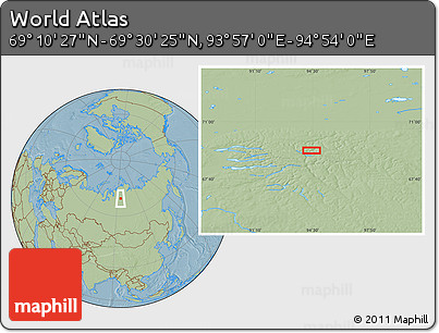 Savanna Style Location Map of the Area around 69° 20' 26" N, 94° 25' 30" E, hill shading
