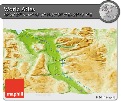 Physical 3D Map of the Area around 69° 38' 15" N, 21° 19' 30" E