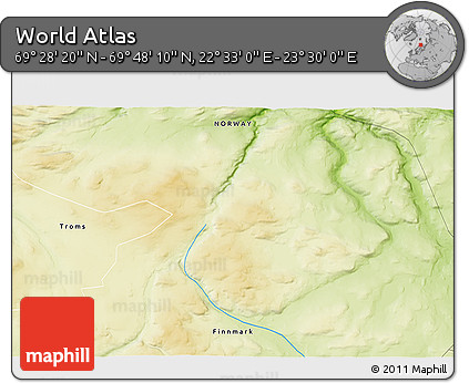 Physical 3D Map of the Area around 69° 38' 15" N, 23° 1' 29" E