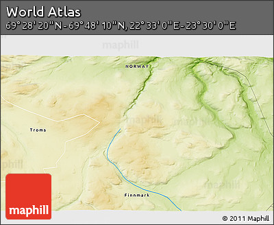 Physical 3D Map of the Area around 69° 38' 15" N, 23° 1' 29" E