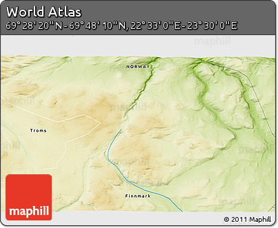 Physical 3D Map of the Area around 69° 38' 15" N, 23° 1' 29" E