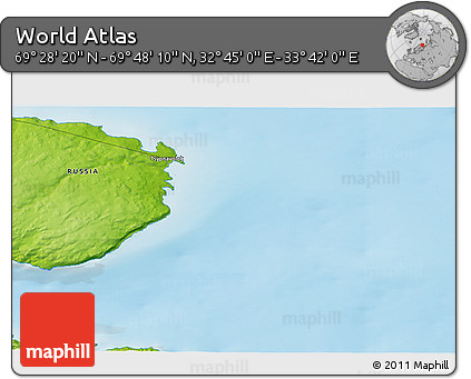 Physical 3D Map of the Area around 69° 38' 15" N, 33° 13' 30" E