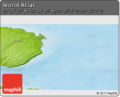 Physical 3D Map of the Area around 69° 38' 15" N, 33° 13' 30" E