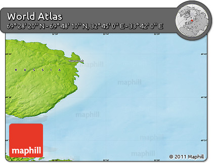 Physical Map of the Area around 69° 38' 15" N, 33° 13' 30" E