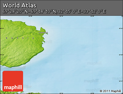 Physical Map of the Area around 69° 38' 15" N, 33° 13' 30" E