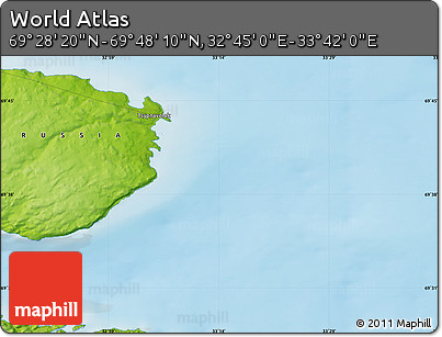 Physical Map of the Area around 69° 38' 15" N, 33° 13' 30" E