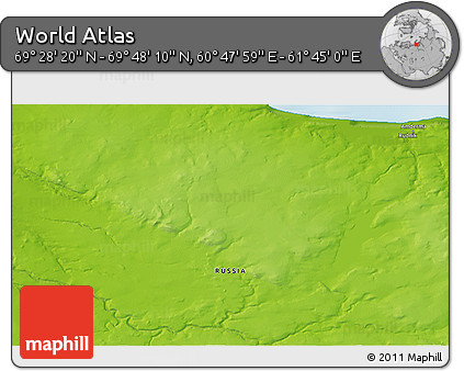 Physical 3D Map of the Area around 69° 38' 15" N, 61° 16' 29" E