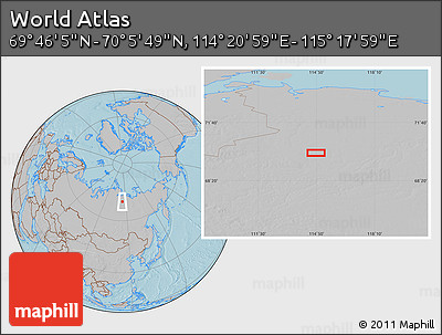 Gray Location Map of the Area around 69° 55' 57" N, 114° 49' 29" E, hill shading