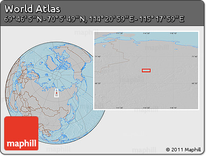 Gray Location Map of the Area around 69° 55' 57" N, 114° 49' 29" E, hill shading