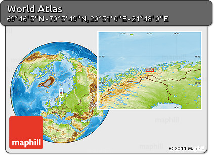 Physical Location Map of the Area around 69° 55' 57" N, 21° 19' 30" E