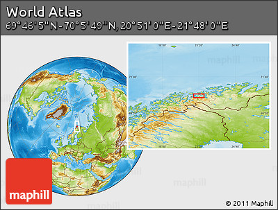Physical Location Map of the Area around 69° 55' 57" N, 21° 19' 30" E