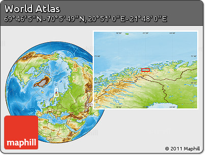 Physical Location Map of the Area around 69° 55' 57" N, 21° 19' 30" E